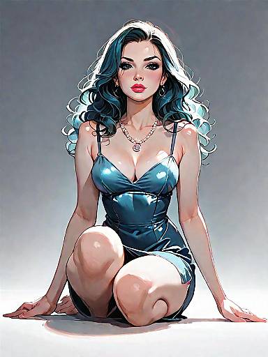 Woman in Teal Satin Slip Dress Sitting