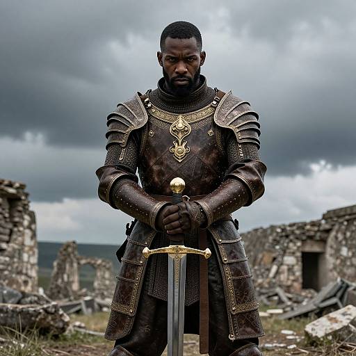 Muscular Warrior in Ruined Landscape