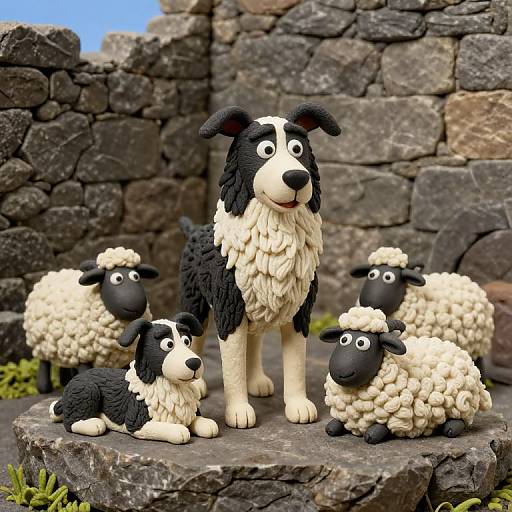 Photograph of a black-and-white cartoon-style Border Collie and four black-and-woolly sheep standing on a stone platform with a stone wall background