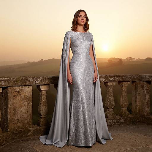 Photograph of a woman in a shimmering silver, long-sleeved, floor-length gown with flowing sleeves, standing on a stone balcony at sunset