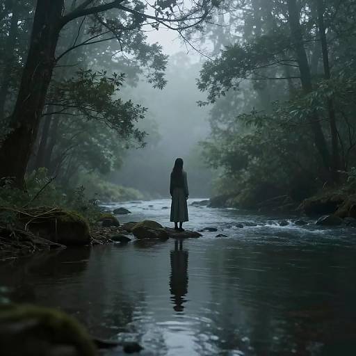 Solitary Reflection in Misty Forest