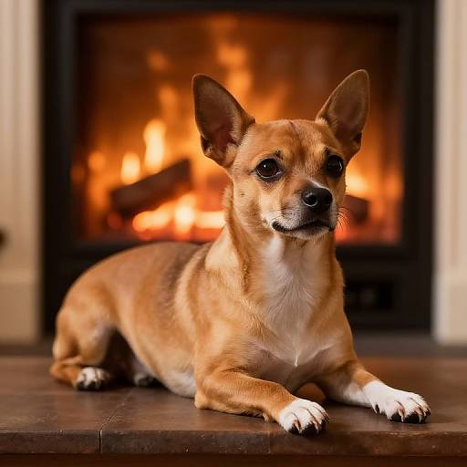 Photograph of a small, tan and white Chihuahua lying in front of a warmly lit fireplace, with the dog's attentive eyes looking slightly