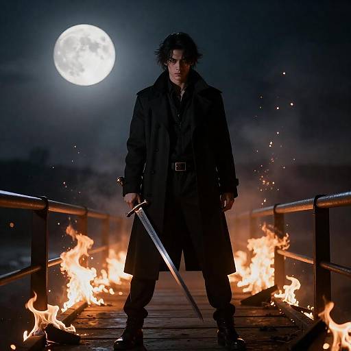Man with Sword on Burning Bridge at Night