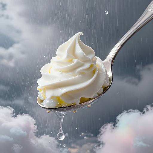 Close-up photograph of a spoon with swirled white whipped cream, water droplets, and a drop hanging, against a cloudy sky background.
