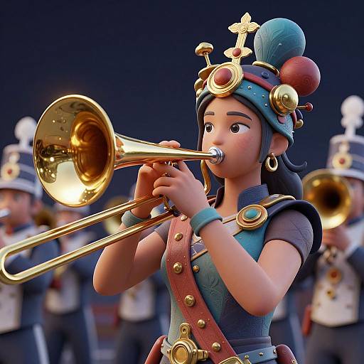 CGI image of a cute, anime-style girl with blue hair and ornate headgear playing a golden trumpet, surrounded by blurred marching band members.