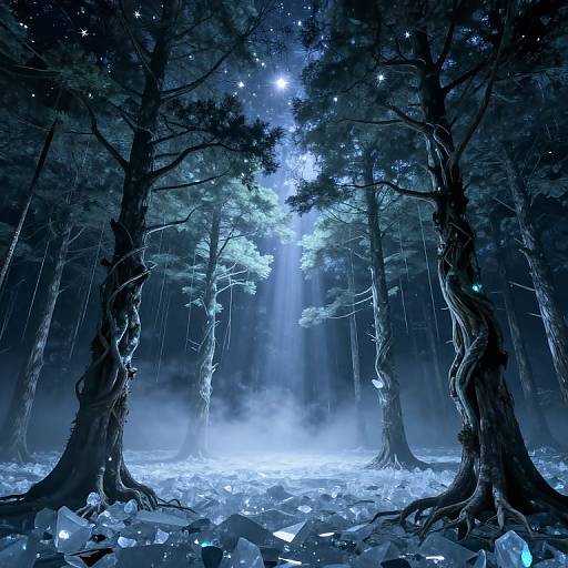 Moonlit forest with ethereal blue glow, starry sky, glowing crystals on snowy ground, and twisted, shadowy trees. Magical, surreal landscape
