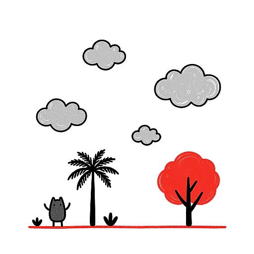 Whimsical digital landscape with palm tree and red tree