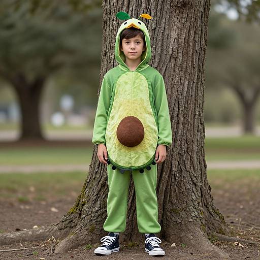 Photograph of a young boy standing against a tree in a green Squirrel costume with a brown nose, green pants, and black shoes, in a