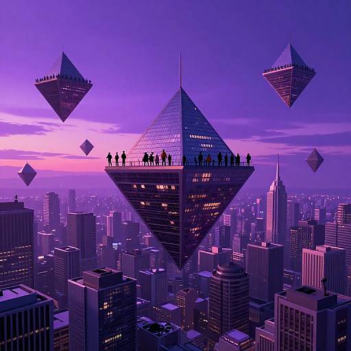 Digital artwork of a cityscape at sunset, featuring three floating, pyramid-shaped skyscrapers with silhouetted figures on top, surrounded by glowing