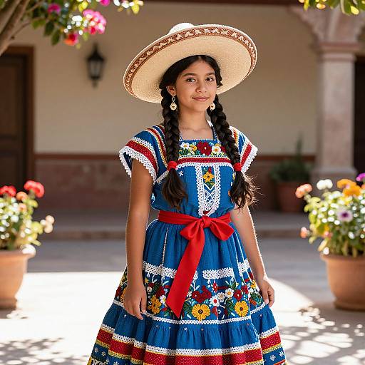 Photograph of a young Latina girl with long braided hair, wearing a blue embroidered dress, red belt, straw hat, and white earrings, standing