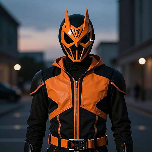 Photograph of a person in a vibrant orange and black superhero mask and suit, standing on a dimly lit urban street at dusk.