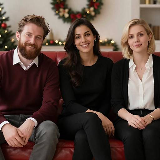 Cozy Holiday Portrait on Red Couch