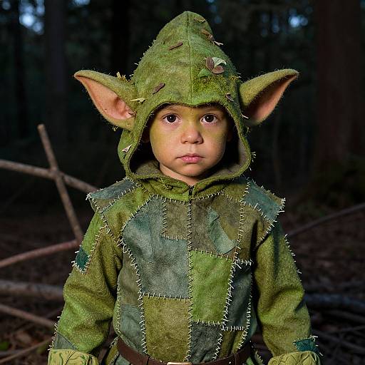 Photograph of a young child with large elf ears, wearing a green, tattered, hooded costume, set in a dark forest.