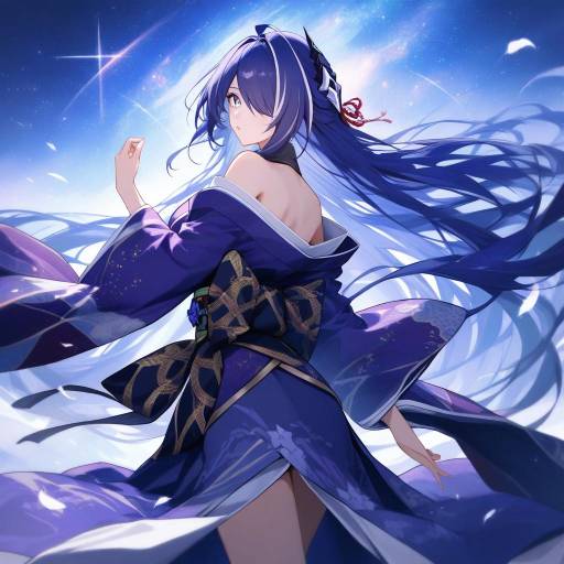 Anime Woman in Flowing Purple Kimono