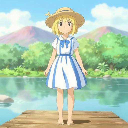 Confident Blonde Girl on Wooden Bridge