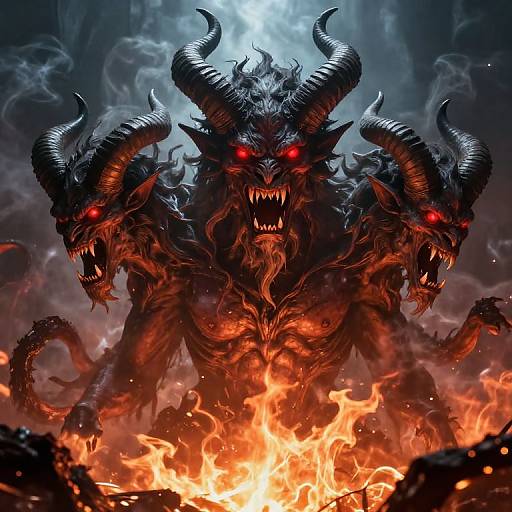 Digital artwork of a three-headed, horned demon with glowing red eyes and sharp teeth, emerging from a fiery inferno, surrounded by dark, sm
