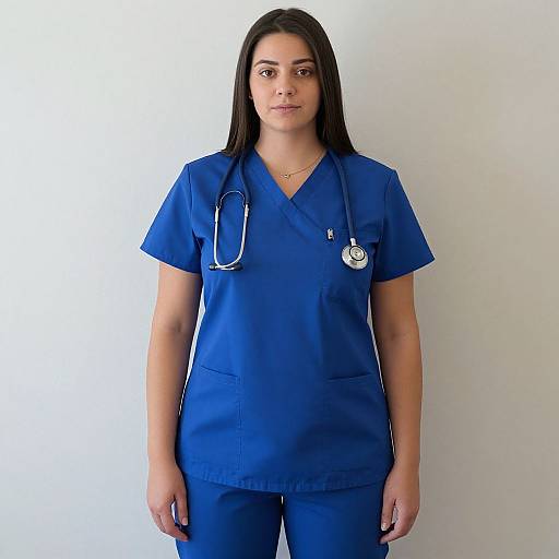 Photograph of a young woman with long black hair, wearing blue medical scrubs and a stethoscope around her neck, standing against a plain white