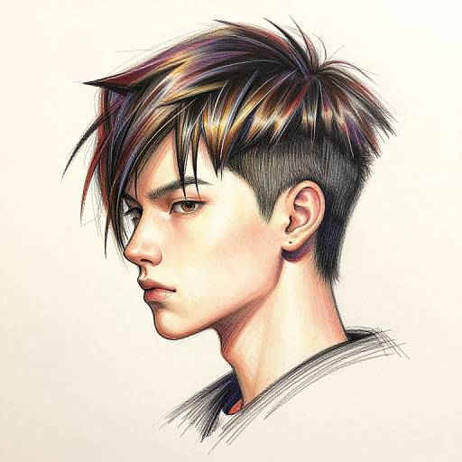 Digital drawing of a young, androgynous person with short, black hair with brown highlights, side-swept, and a serious expression.
