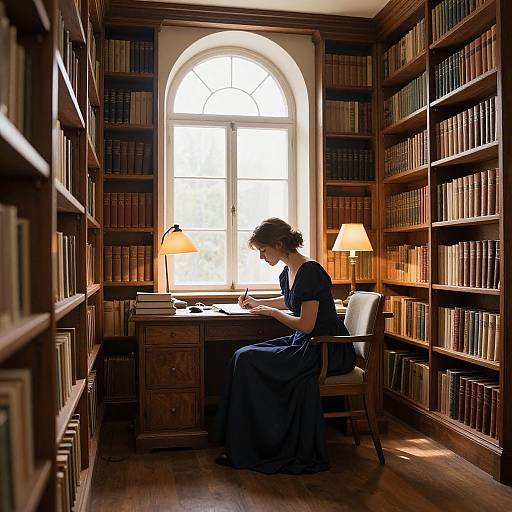 Photograph of a woman in a blue dress, sitting at a wooden desk in a sunlit library, writing, surrounded by bookshelves.