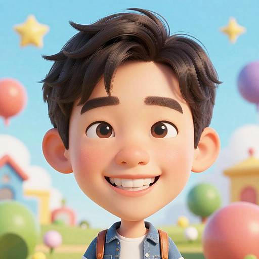 CGI cartoon boy with short black hair, smiling, wearing blue shirt, white tee, backpack straps, colorful balloons, stars, and clear blue sky