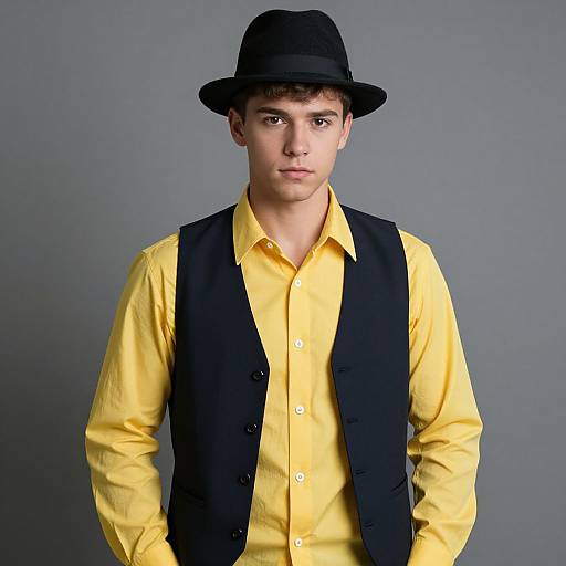 Young man with fair skin, dark brown hair, wearing a black bowler hat, yellow shirt, and black vest, against a gray background. Phot