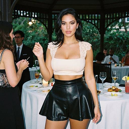 Photograph of a confident woman with long black hair, wearing a white lace crop top and black leather skirt, standing in a dimly lit, elegant