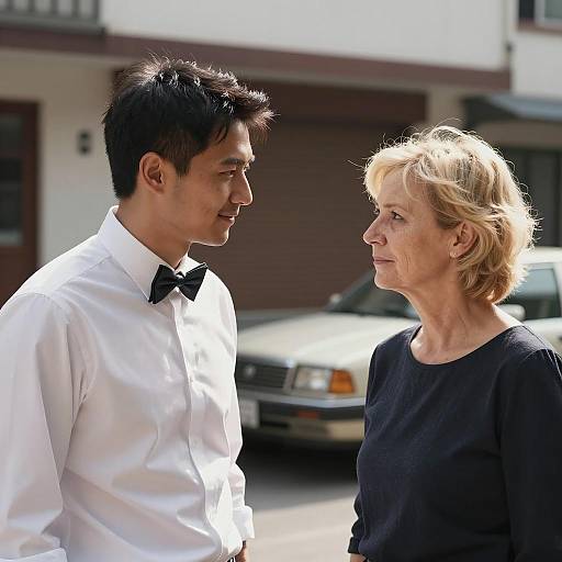 Man and Woman Facing Each Other Outdoors