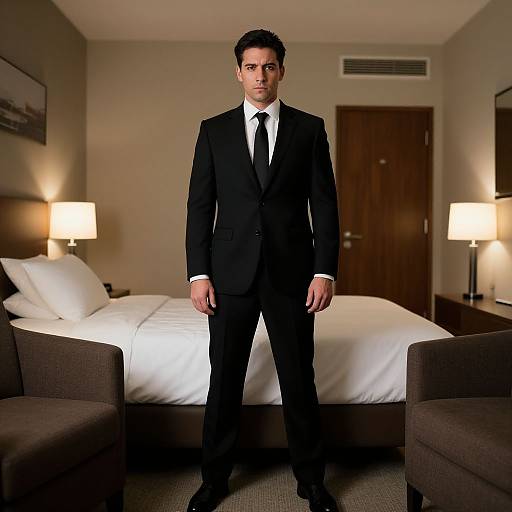 Photograph of a serious, dark-haired man in a black suit and tie standing in a modern, dimly-lit hotel room with a made bed