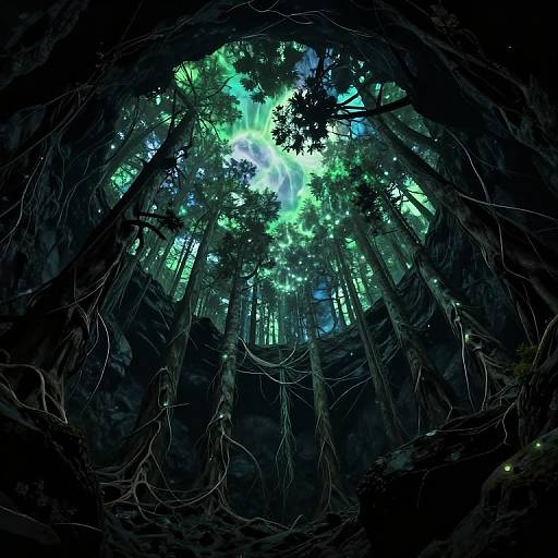 Digital art of a dense, dark forest with towering trees, intricate roots, and vibrant green-blue light filtering through the canopy.