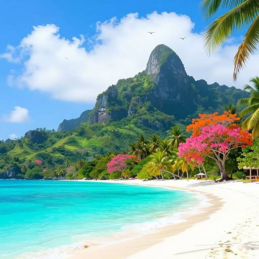Photograph of a tropical beach with turquoise water, white sand, vibrant pink and orange flowers, green palm trees, and a lush, rocky mountain in