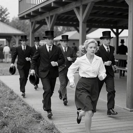 Vintage Chase Scene with Men in Top Hats and Woman Running