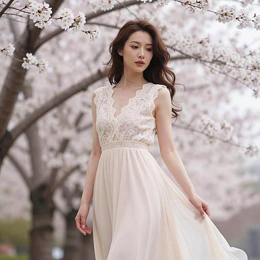 Romantic Boho Woman Under Cherry Blossoms