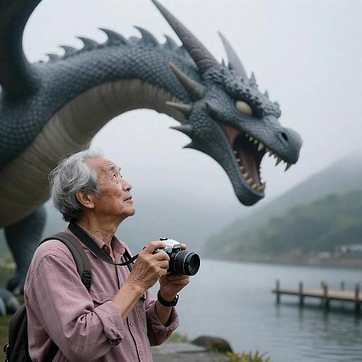 Elder Photographer Encountering a Dragon