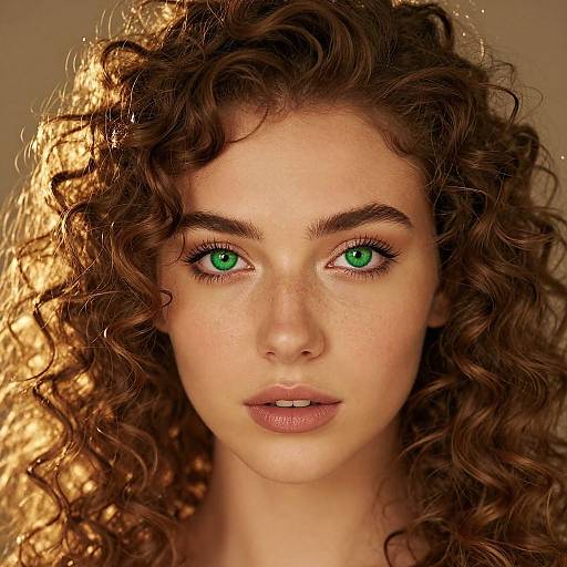 Photograph of a young woman with fair skin, green eyes, and curly brown hair, illuminated by warm light, gazing directly at the camera with