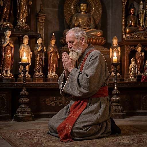 Photograph of an elderly bearded man in a gray robe, kneeling and praying in a dimly lit Buddhist temple with golden statues and candles.