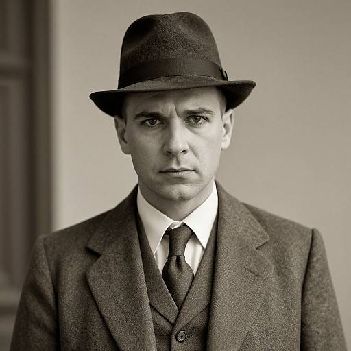 Black-and-white photograph of a serious, fair-skinned man in a dark three-piece suit and fedora, standing against a blurred background.