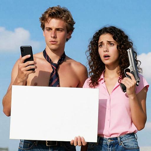 Surprised Couple Holding Phone and Gun with Blank Sign