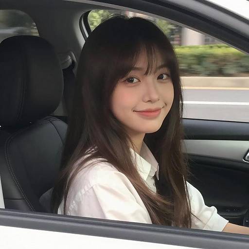 Smiling Brown-Haired Woman in Car Interior