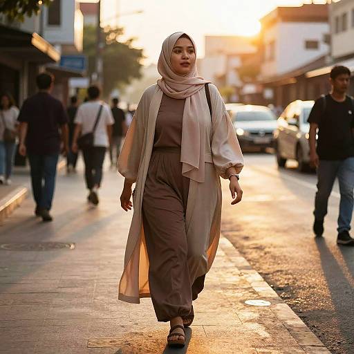 Photograph of a young woman in a white hijab and long, pale pink scarf, wearing a mauve jumpsuit, walking confidently down a sun