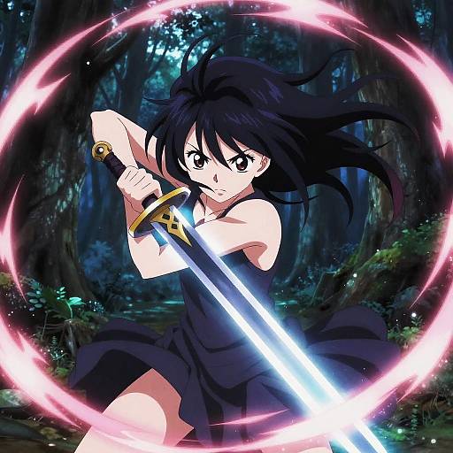 Anime-style digital artwork of a fierce, black-haired girl with a glowing sword, surrounded by a pink energy ring in a dark, forested background.