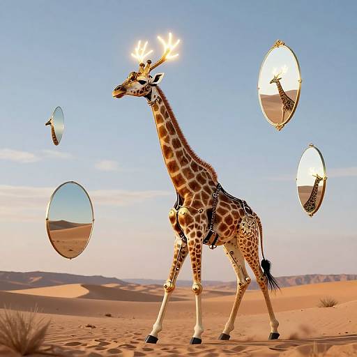 Photorealistic digital art of a giraffe in a desert, wearing antlers and black harness, surrounded by floating mirrors reflecting its image.
