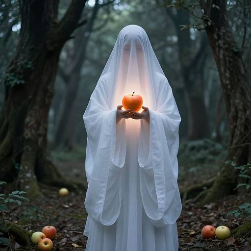 Photograph of a ghostly figure in a white, flowing veil holding a glowing apple in a dim, misty forest with scattered apples on the ground