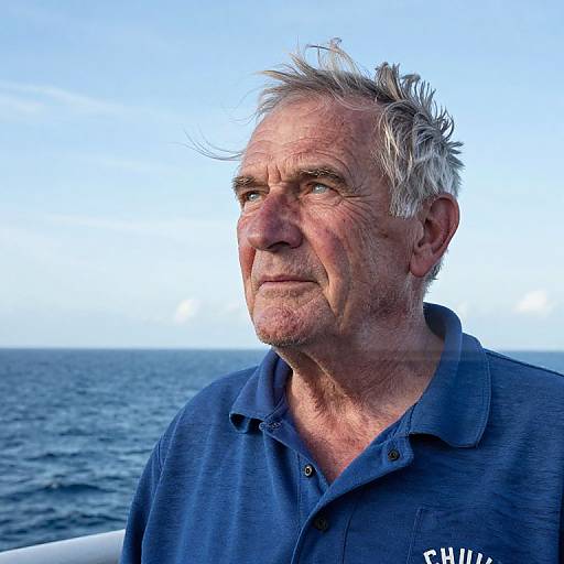 Photograph of an elderly white man with silver hair, wearing a blue polo shirt, gazing at the ocean under a clear blue sky.