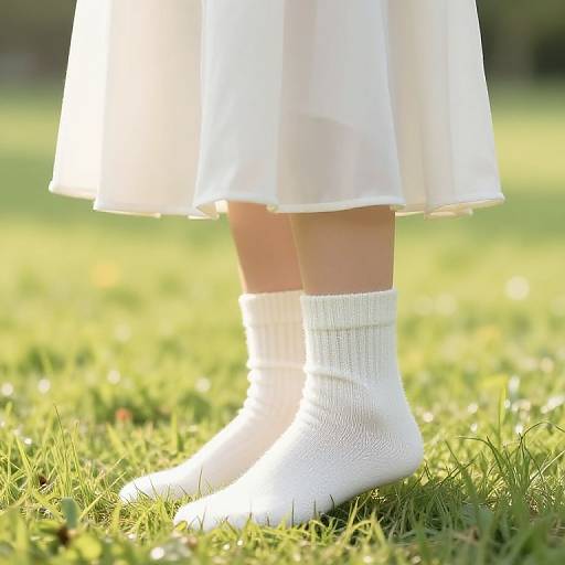 Photograph of a child's lower legs in white socks and dress, standing on sunlit green grass, with a blurred background.