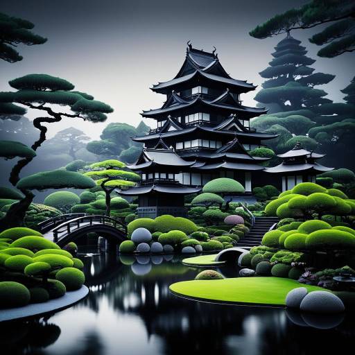 Tranquil Japanese Garden with Dark Fairy Castle