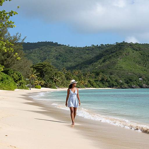Photograph of a woman in a white sunhat and blue dress walking on a secluded, sandy beach with turquoise water and lush, green hills in the