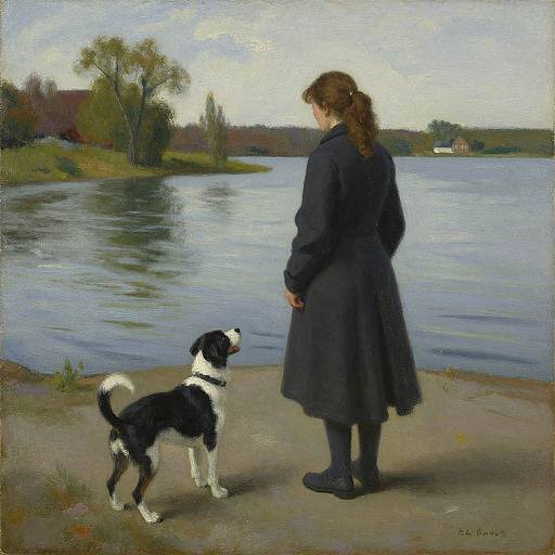 Oil painting of a brown-haired girl in a black coat and boots standing by a lake, facing a black and white dog.