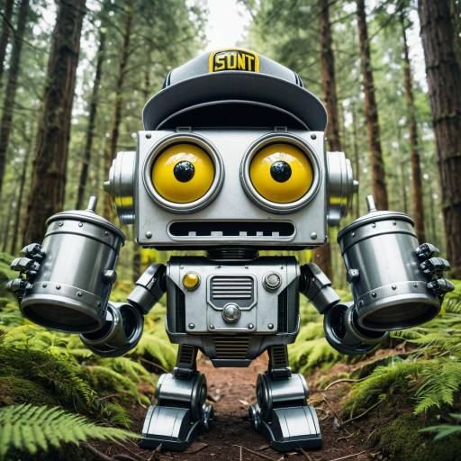 Small Silver Robot with Retro Cap in Forest