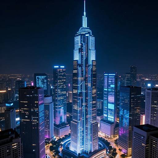 Photograph of a futuristic cityscape at night, featuring a brightly illuminated skyscraper with neon blue lights, surrounded by glowing buildings and streets.