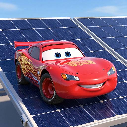 Digital CGI image of a cheerful, red racing car with large eyes, yellow flames on the sides, parked on solar panels. Bright blue sky background.